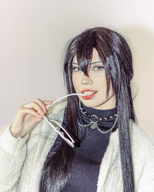 Lookbook Photoshoot Rompe lo Dulce Soft Backdrop Cute Dark Pink Choker Earrings Candy Portrait