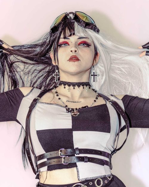 Lookbook Photoshoot Rompe lo Dulce Soft Backdrop Cute Dark Pink Choker Earrings Candy Portrait