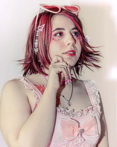 Lookbook Photoshoot Rompe lo Dulce Soft Backdrop Cute Dark Pink Choker Earrings Candy Portrait