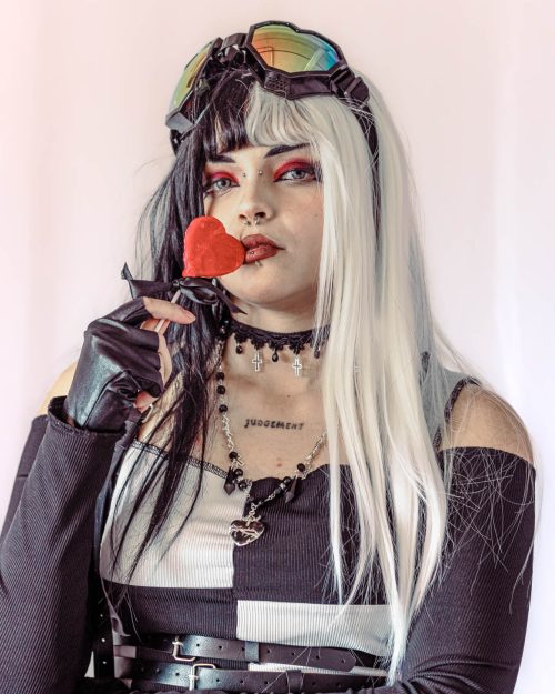 Lookbook Photoshoot Rompe lo Dulce Soft Backdrop Cute Dark Pink Choker Earrings Candy Portrait