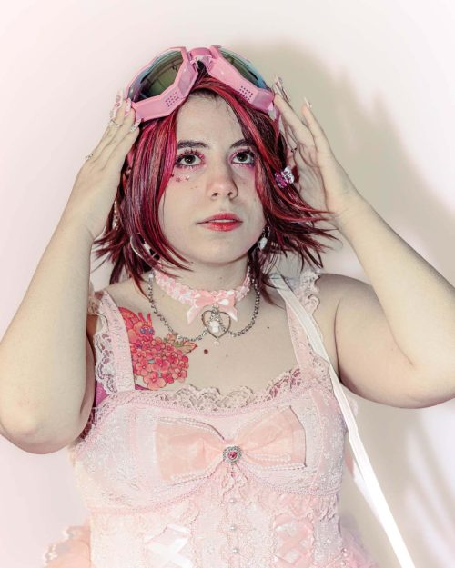 Lookbook Photoshoot Rompe lo Dulce Soft Backdrop Cute Dark Pink Choker Earrings Candy Portrait