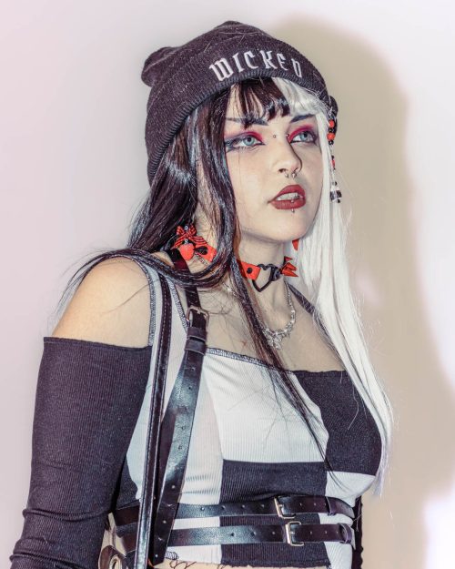 Lookbook Photoshoot Rompe lo Dulce Soft Backdrop Cute Dark Pink Choker Earrings Candy Portrait